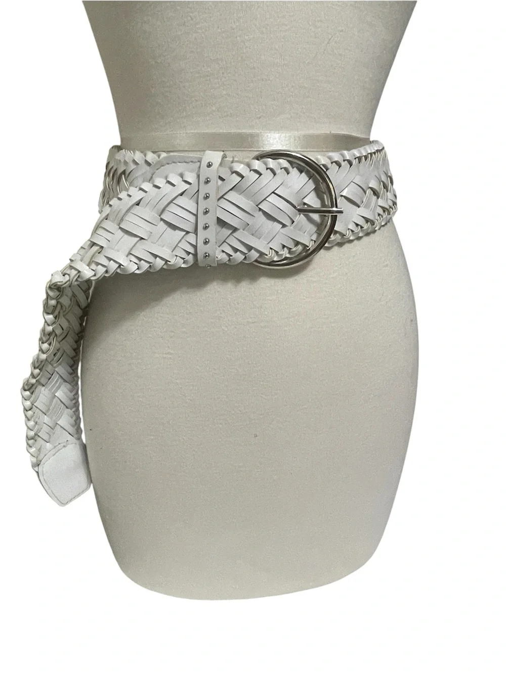 White Braided Faux Leather Belt with Silver Ring Buckle